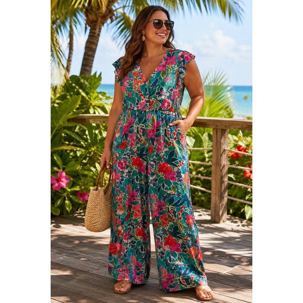 Vibrant Teal Floral  Jumpsuit sz 14/16 Bloomchic
